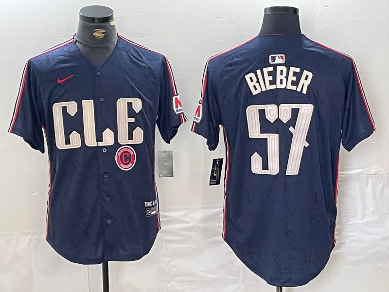 Men Cleveland Indians #57 Bieber Blue City Edition Nike 2024 MLB Jersey style 10